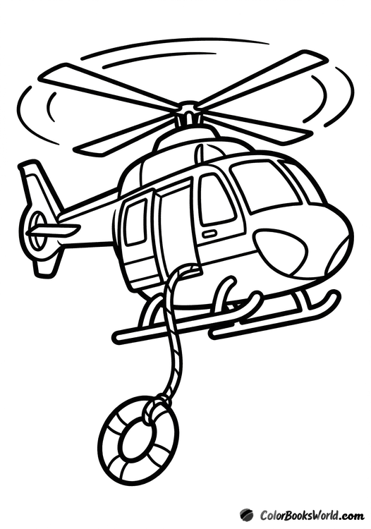Cartoon rescue helicopter flying while lowering a life ring on a rope.