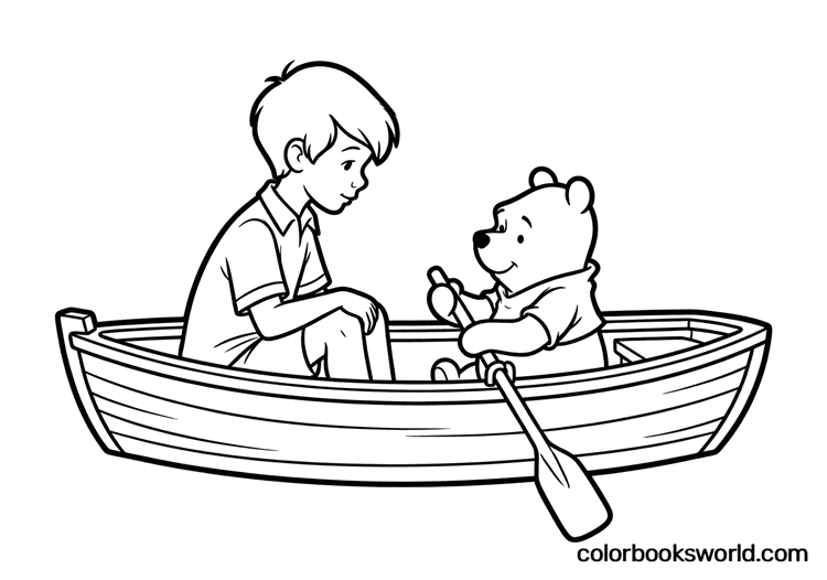 Christopher Robin and Winnie the Pooh sit in a wooden rowboat, with Pooh holding an oar.