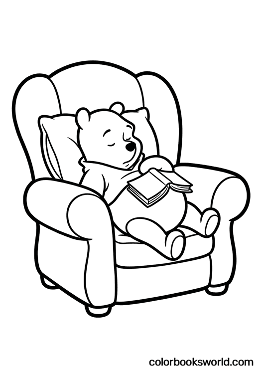 Winnie the Pooh sleeps in a cushioned armchair with an open book resting on his belly.