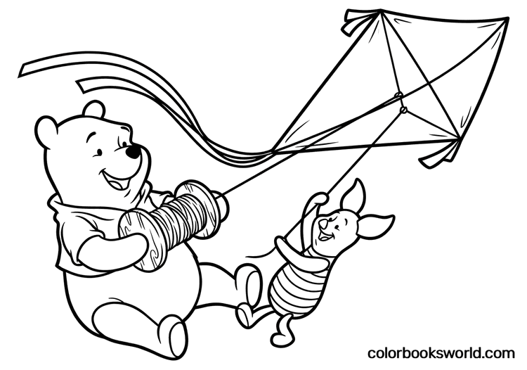 Winnie the Pooh holds a spool of string as Piglet grips the line and a kite flies overhead.