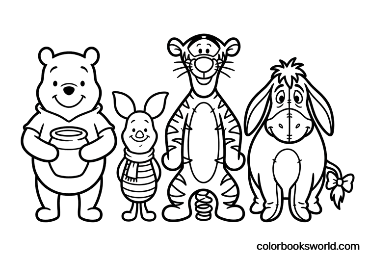 Winnie the Pooh holds a honey jar beside Piglet, Tigger on a spring, and Eeyore with a bow on his tail.