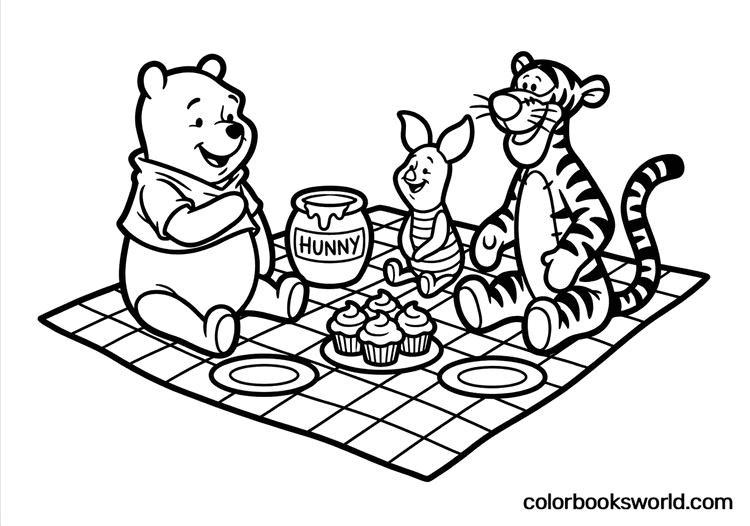 Pooh, Piglet and Tigger sit on a checkered picnic blanket with a HUNNY jar and cupcakes.