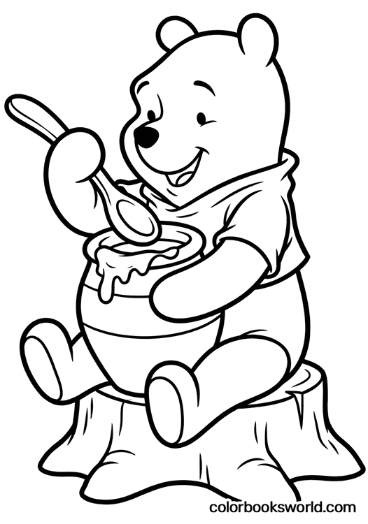 Winnie the Pooh sits on a tree stump, holding a honey pot and scooping honey with a spoon.