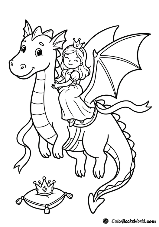 A friendly dragon carries a princess on its back beside a crown resting on a cushion.