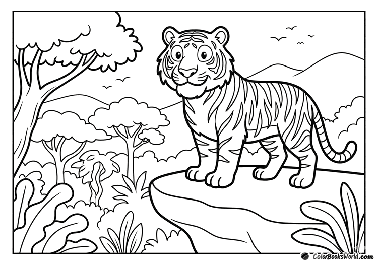 An adult tiger stands on a rocky ledge, overlooking the jungle with birds in the distance.