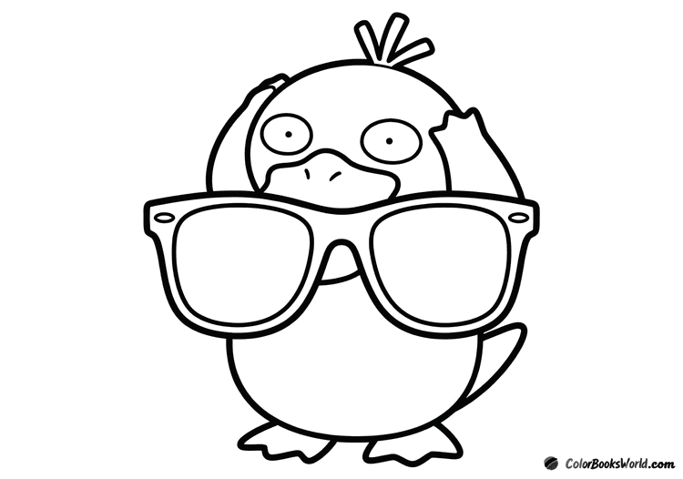 Psyduck standing and holding oversized sunglasses in front of its face.