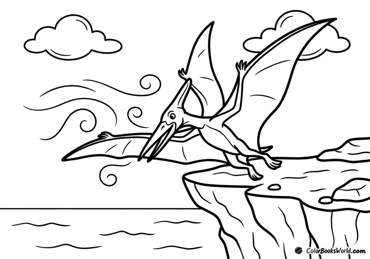 Cartoon pteranodon lands on a seaside cliff edge with folded wings, clouds, and a simple horizon.