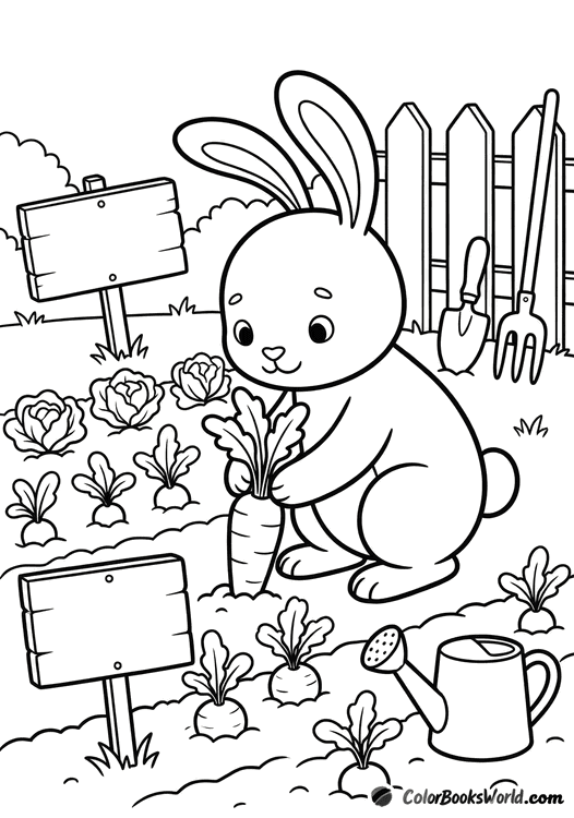 Cartoon rabbit in a garden pulling a giant carrot from the soil beside a watering can.