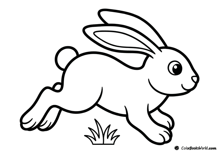 A cheerful cartoon rabbit hops to the right over a small tuft of grass, ears swept back.