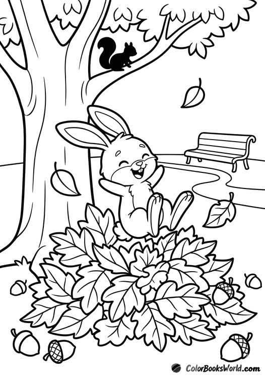 A cartoon rabbit jumps into a big pile of fallen autumn leaves under a tree in a park.