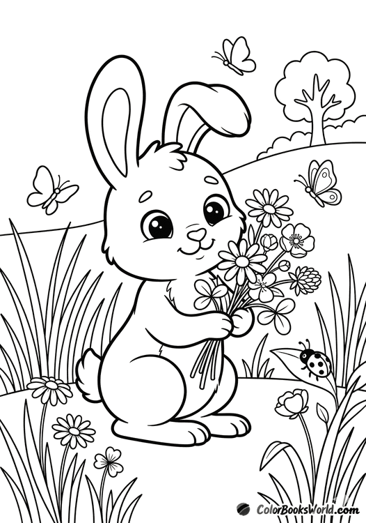 A cartoon rabbit kneels in a flower meadow holding a wildflower bouquet, with butterflies and a ladybug nearby.