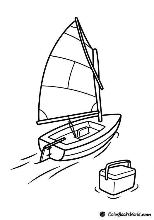 Line drawing of a racing dinghy with motion lines and a floating cooler nearby on the water.