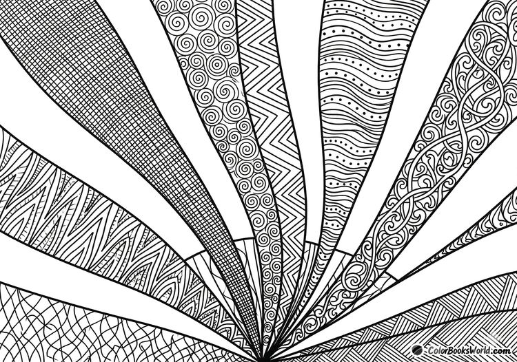 Detailed line art of broad fan-like bands radiating from a central point, each filled with unique intricate linear patterns.