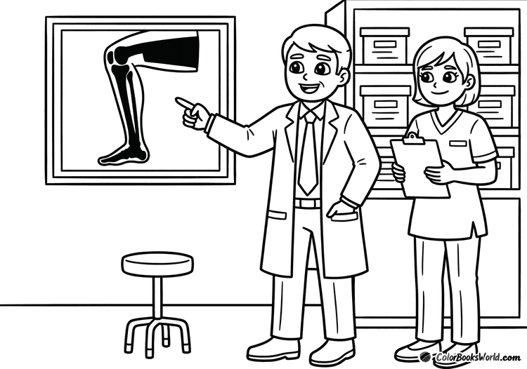 A radiologist pointing to an X-ray of a leg on a lightbox while a technician stands nearby with a clipboard.
