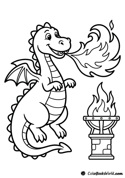 A playful dragon rears up and breathes fire to light a brazier on a pedestal.
