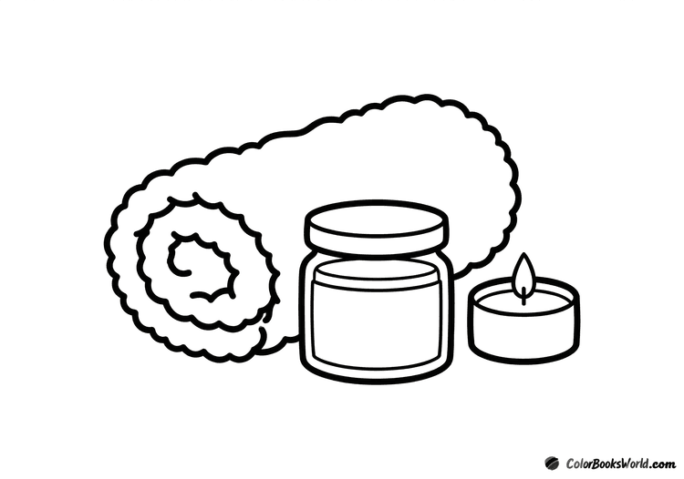A rolled towel, a small cream jar, and a lit tea light candle arranged like a spa set.