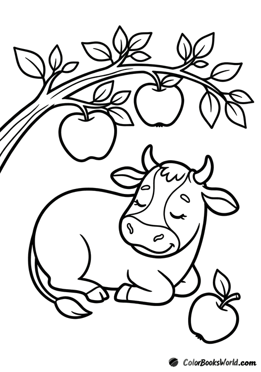 A calm cartoon cow lies under a low apple tree branch, with one apple on the grass nearby.