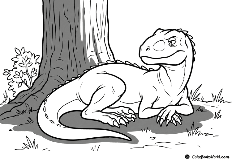 Cartoon Indominus Rex resting on the ground beside a large tree trunk and a small bush.