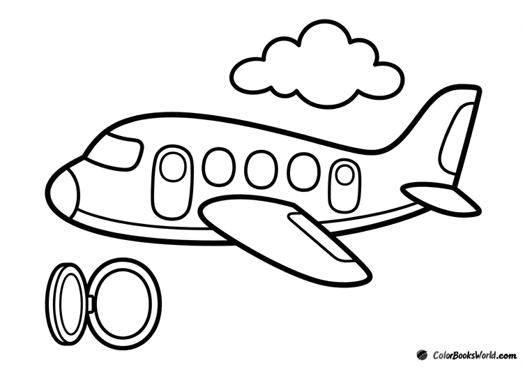 Retro passenger airplane with rounded windows, a separate window frame, and a cloud nearby.