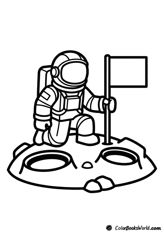 A Roblox astronaut avatar kneels on the moon, planting a flag beside simple craters.