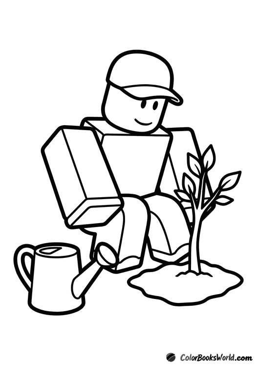 A Roblox gardener avatar kneels to plant a small tree sapling, with a watering can nearby.