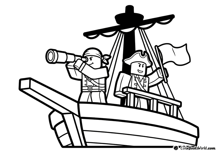 Two Roblox pirate avatars stand on a ship’s bow, one with a telescope and one holding a flag.