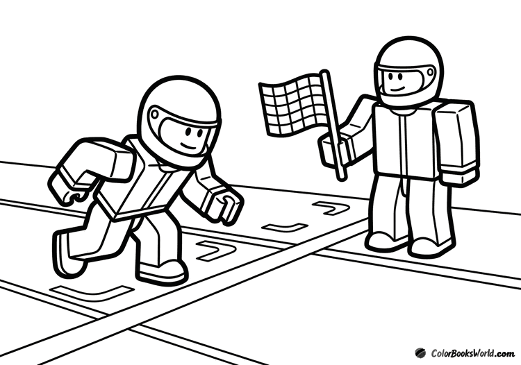 Two Roblox avatars in racing outfits crouch at a track start line, one holding a checkered flag.