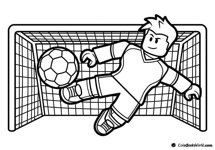 A Roblox avatar kicks a soccer ball toward a goal net in a scoring shot.
