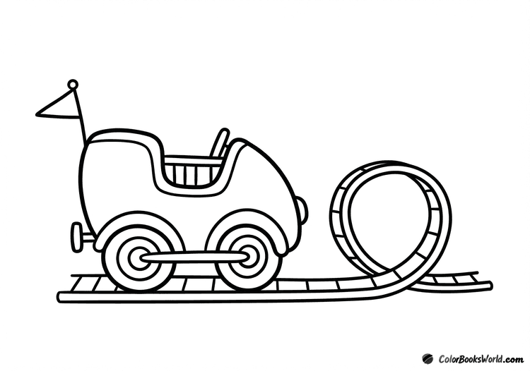 A cartoon roller coaster car on a looping track with a small flag.