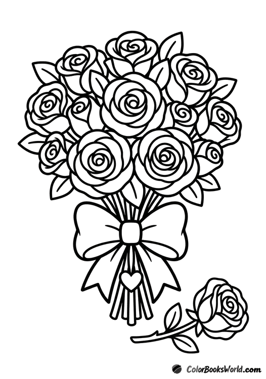 A large rose bouquet tied with a bow and heart charm, with a single rose beside it.