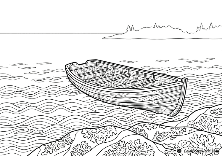 A wooden rowboat floating on calm water with wavy patterns near a rocky shore and distant island.