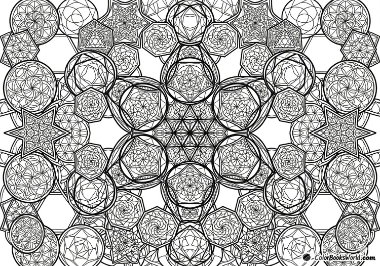 Intricate line art of overlapping circles, hexagons, and stars in a complex sacred geometry lattice.