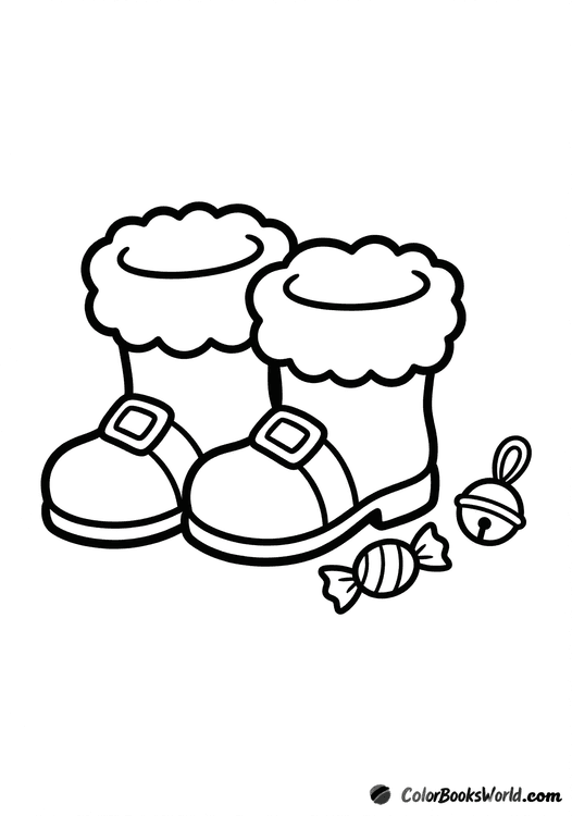 Santa’s black boots with fluffy white trim, beside a wrapped candy and a small bell.