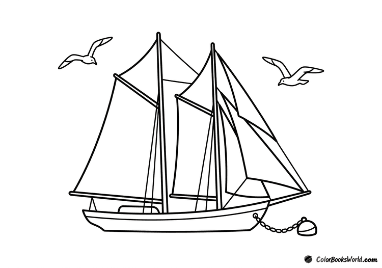 A two-masted schooner with large sails, two seagulls overhead, and a mooring buoy beside the hull.