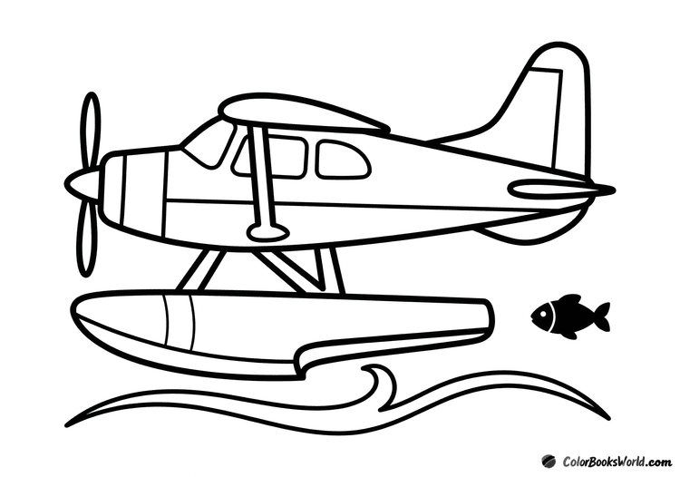 A simple seaplane with floats resting on the water, with a small fish silhouette nearby.