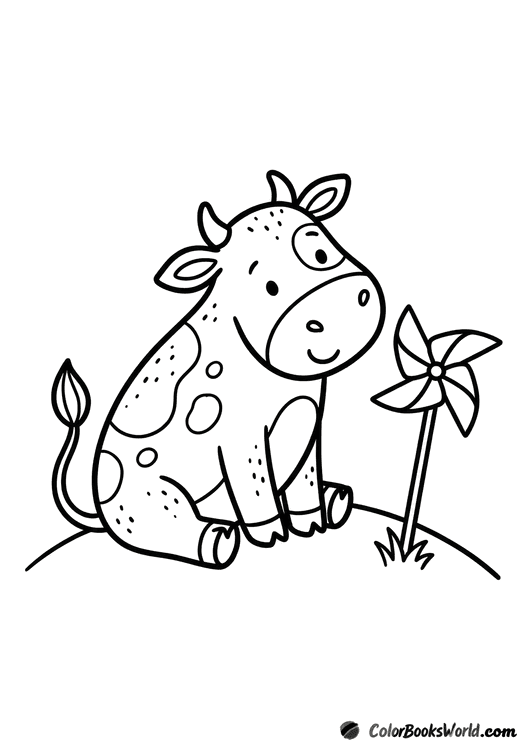 A cute cartoon cow sits on a small hill, looking at a toy pinwheel in the ground.