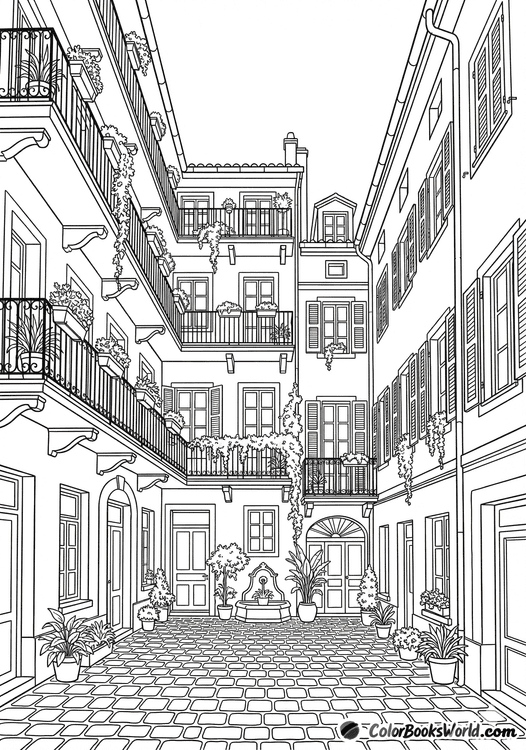 An enclosed urban courtyard featuring stone paving, many balconies with climbing plants, and historic building facades.