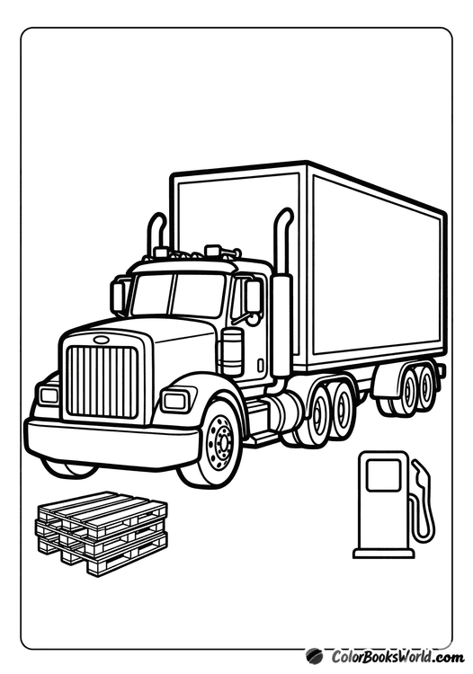 Cartoon semi-truck with a long rectangular trailer, a stack of pallets, and a traffic cone.