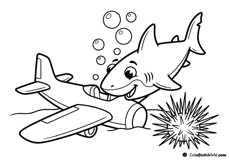 A friendly cartoon shark explores a small sunken airplane wreck on the ocean floor.