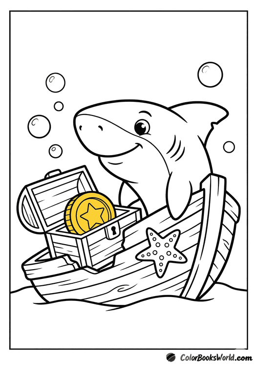 A friendly cartoon shark looks at an open treasure chest on a shipwreck, with a starfish nearby.