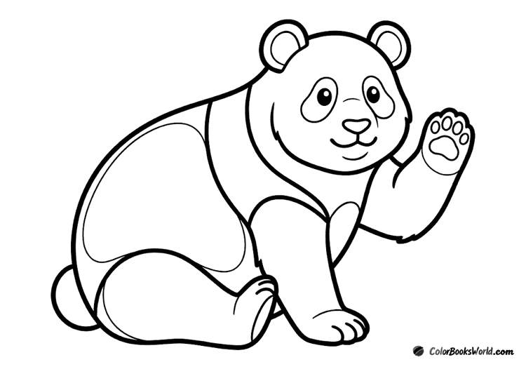 A sitting panda in three-quarter view raises one paw in a friendly wave.