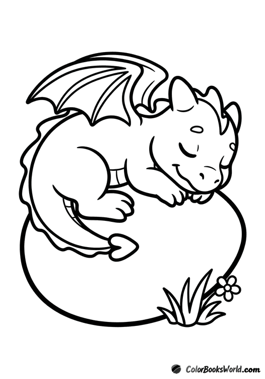 A cute baby dragon sleeps curled up on a large egg beside a small flower.