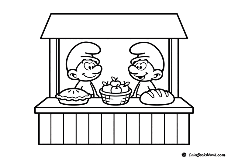 Two Smurfs stand behind a simple market food stall with pies and fruit.