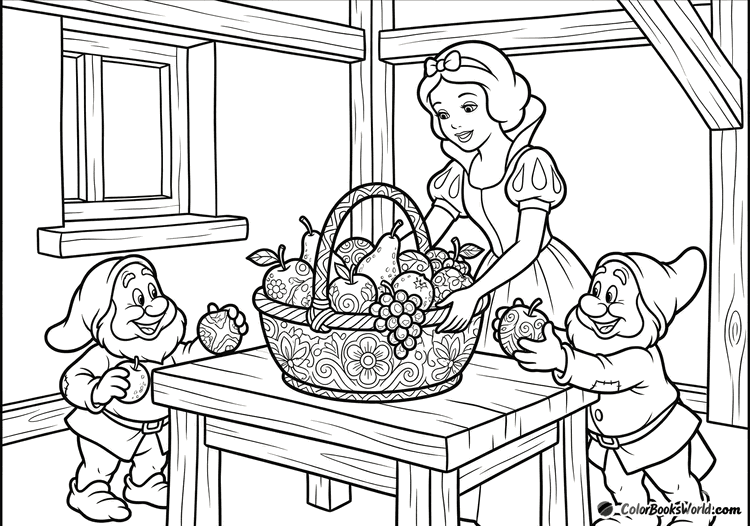 Snow White and two dwarfs arrange fruit in a large basket on a table.