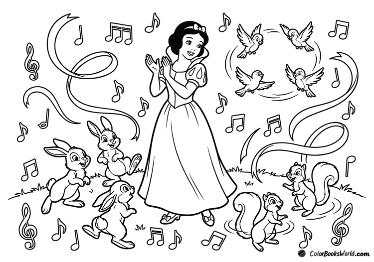 Snow White claps as rabbits and squirrels dance in the forest with musical notes.