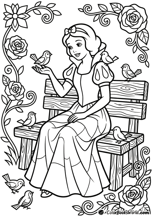 Snow White sits on a wooden bench, feeding small garden birds from her hand among roses.