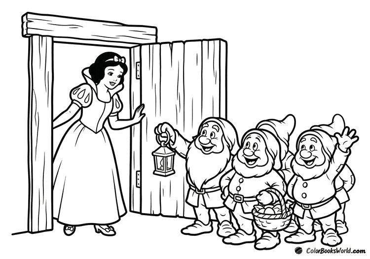 Snow White stands in the cottage doorway, greeting three cheerful dwarfs with a lantern and basket.