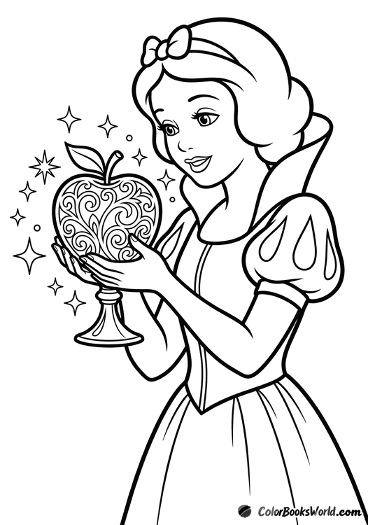Snow White holds a decorative apple covered in magical patterns, surrounded by sparkles.
