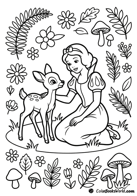 Snow White kneels on the grass and gently pets a young fawn in the forest.