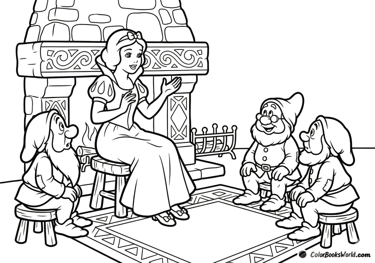 Snow White sits by the fireplace, telling a story to three dwarfs on stools.